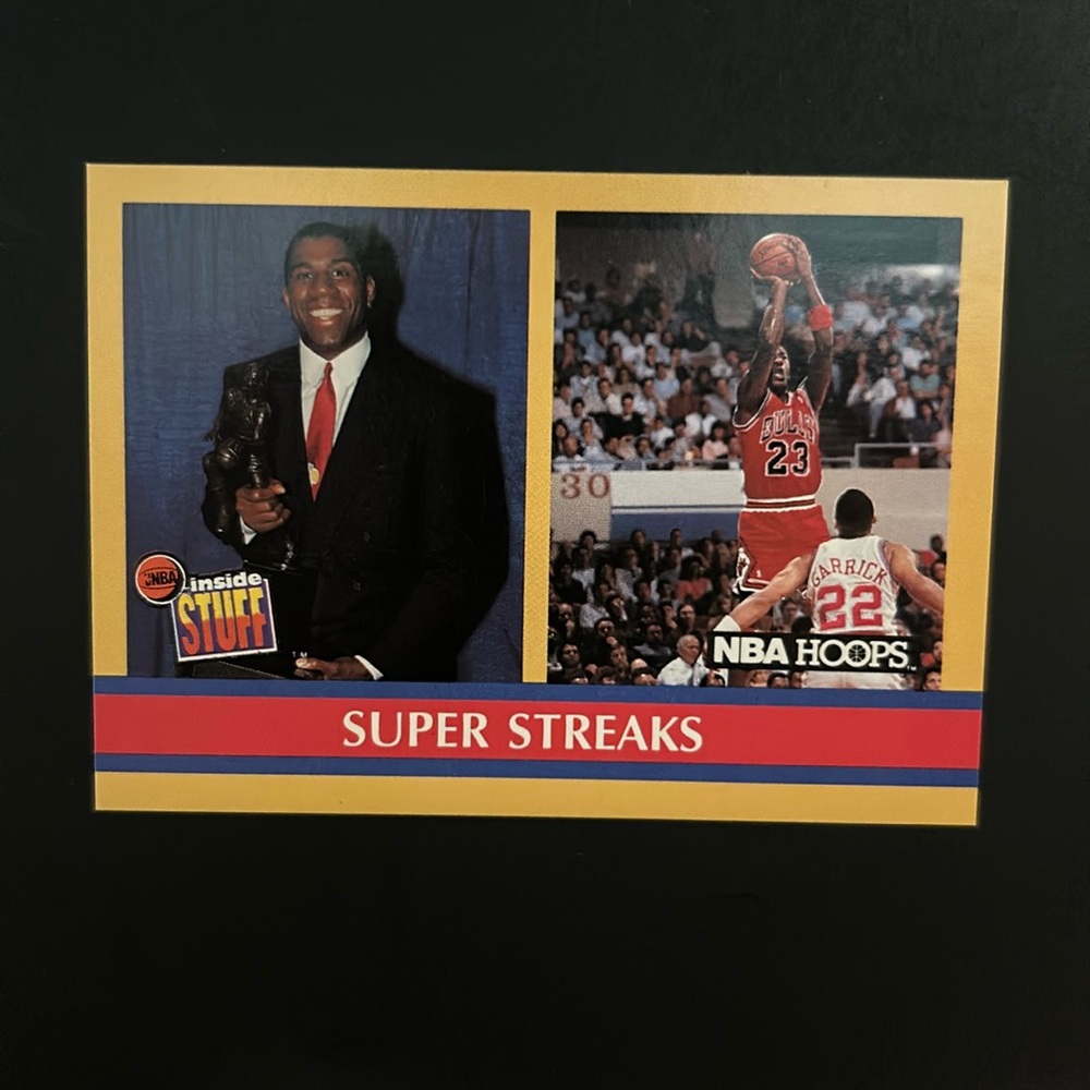 🏀⭐️⭐️Michael Jordan//Magic Johnson Super Streaks. 1990 NBA Hoops. Card # 385